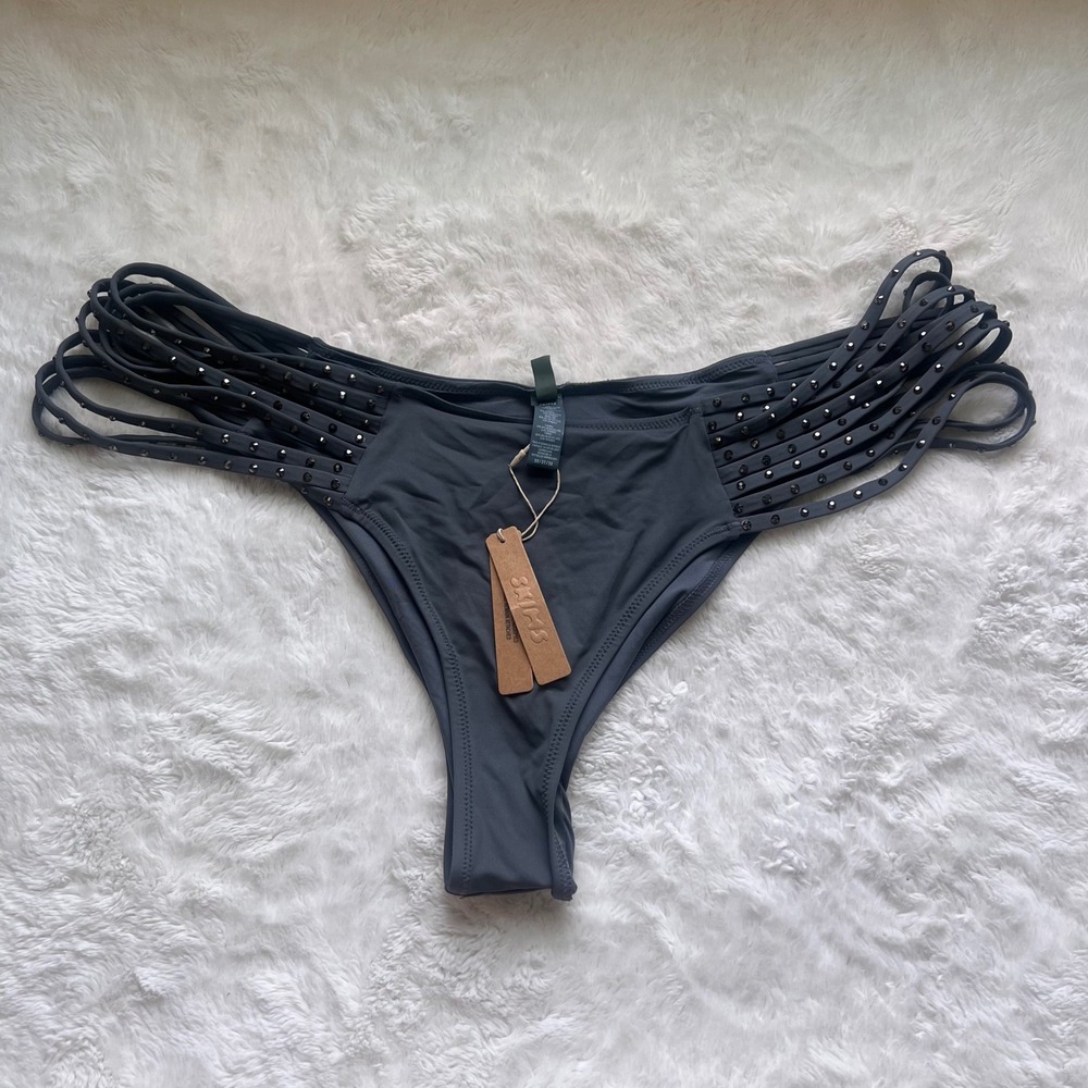 SKIMS Rhinestone Strappy Bikini Bottom Gunmetal BB-CKY-3185 Women Size 3X NEW